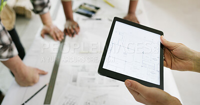 Buy stock photo Architecture, blueprint and hands with tablet screen for project, renovation design and building planning. Tech, people and meeting with document at construction site for floor plan and development