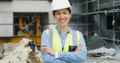 Buy stock photo Construction, portrait or woman on site with arms crossed, pride and experience in building industry. Happy, ppe or contractor with confidence, about us or profession in infrastructure development.
