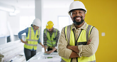 Buy stock photo Portrait, confident or happy man with arms crossed, residential property development or maintenance. Pride, mature and African contractor with helmet for renovation, planning and building remodeling