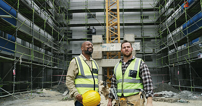Buy stock photo Construction site, thinking and men for building project, infrastructure and planning. Civil engineer, contractor team and workers with helmet for renovation, inspection and property development