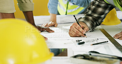 Buy stock photo Architecture, blueprint and hands with pencil for renovation project, building design or meeting. Drawing tools, scale and ruler with people at construction site for floor plan or development process