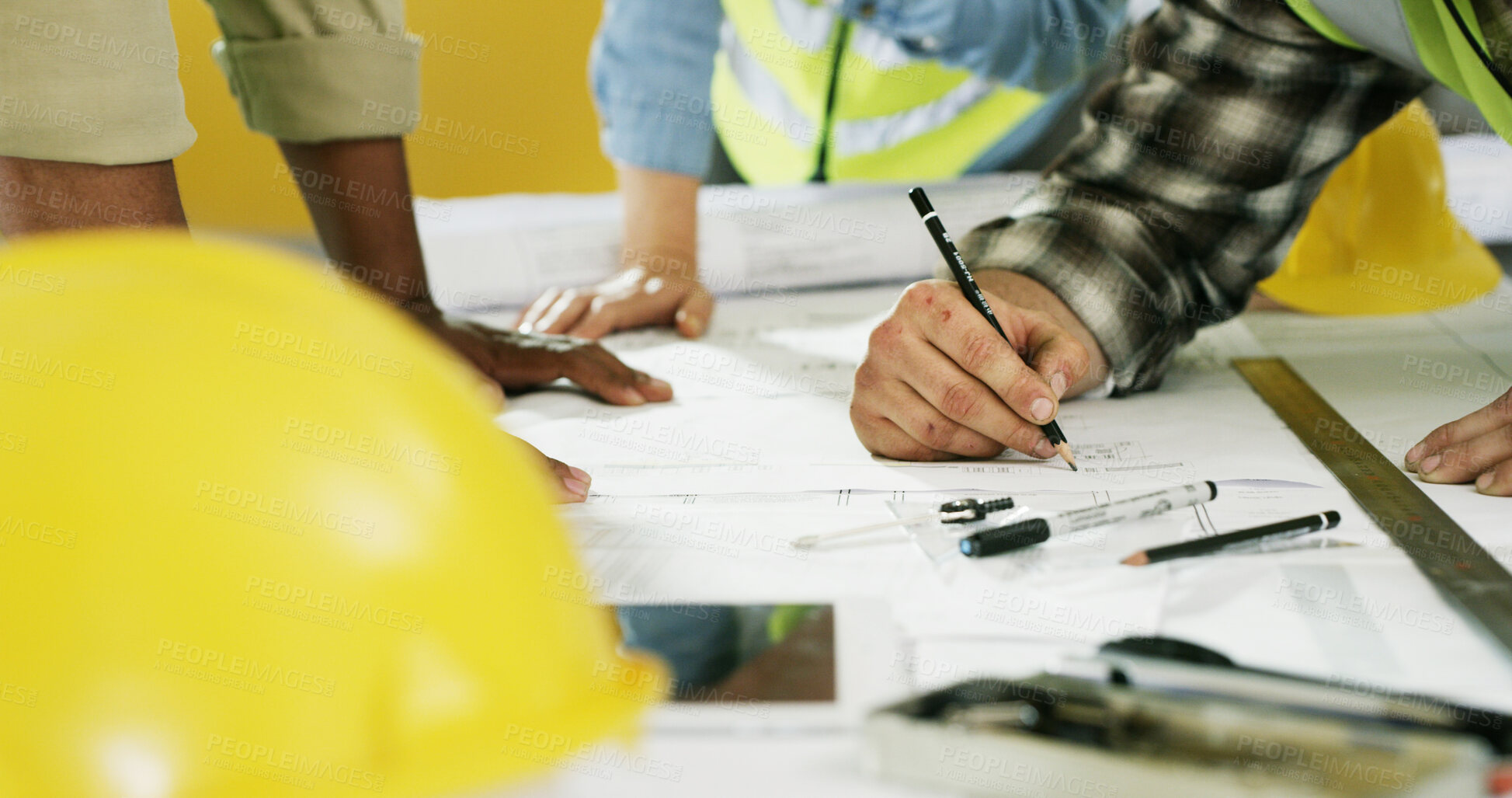 Buy stock photo Architecture, blueprint and hands with pencil for renovation project, building design or meeting. Drawing tools, scale and ruler with people at construction site for floor plan or development process