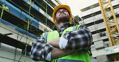Buy stock photo Construction site, thinking and man with arms crossed, architecture and below with planning. Person, solution or employee in city, problem solving and helmet for safety, choice or engineering project