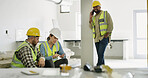 Man, phone call and construction site with group for urban development, inspection and chatting. People, employees or leader with teamwork, cellphone or contact with schedule for architecture project