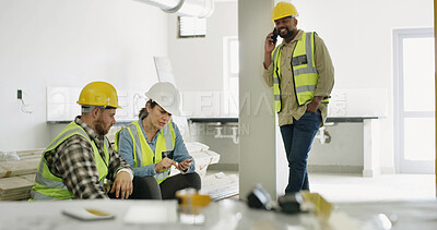 Buy stock photo Man, phone call and construction site with group for urban development, inspection and chatting. People, employees or leader with teamwork, cellphone or contact with schedule for architecture project