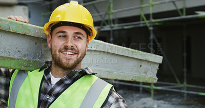 Buy stock photo Construction worker, man or happy with beam on site for building project, scaffolding or renovation. Labor, builder and carry wood material for property expansion, industrial development or framework