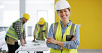 Portrait, confident or woman with arms crossed, residential property development or architecture remodeling. Pride, engineering or happy architect with space for renovation, planning or maintenance