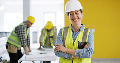 Buy stock photo Portrait, confident or woman with arms crossed, residential property development or architecture remodeling. Pride, engineering or happy architect with space for renovation, planning or maintenance