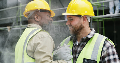Buy stock photo Smile, people and architect with handshake outdoor for welcome, partnership and construction deal. Happy, men and shaking hands for greeting, renovation proposal and agreement of property development