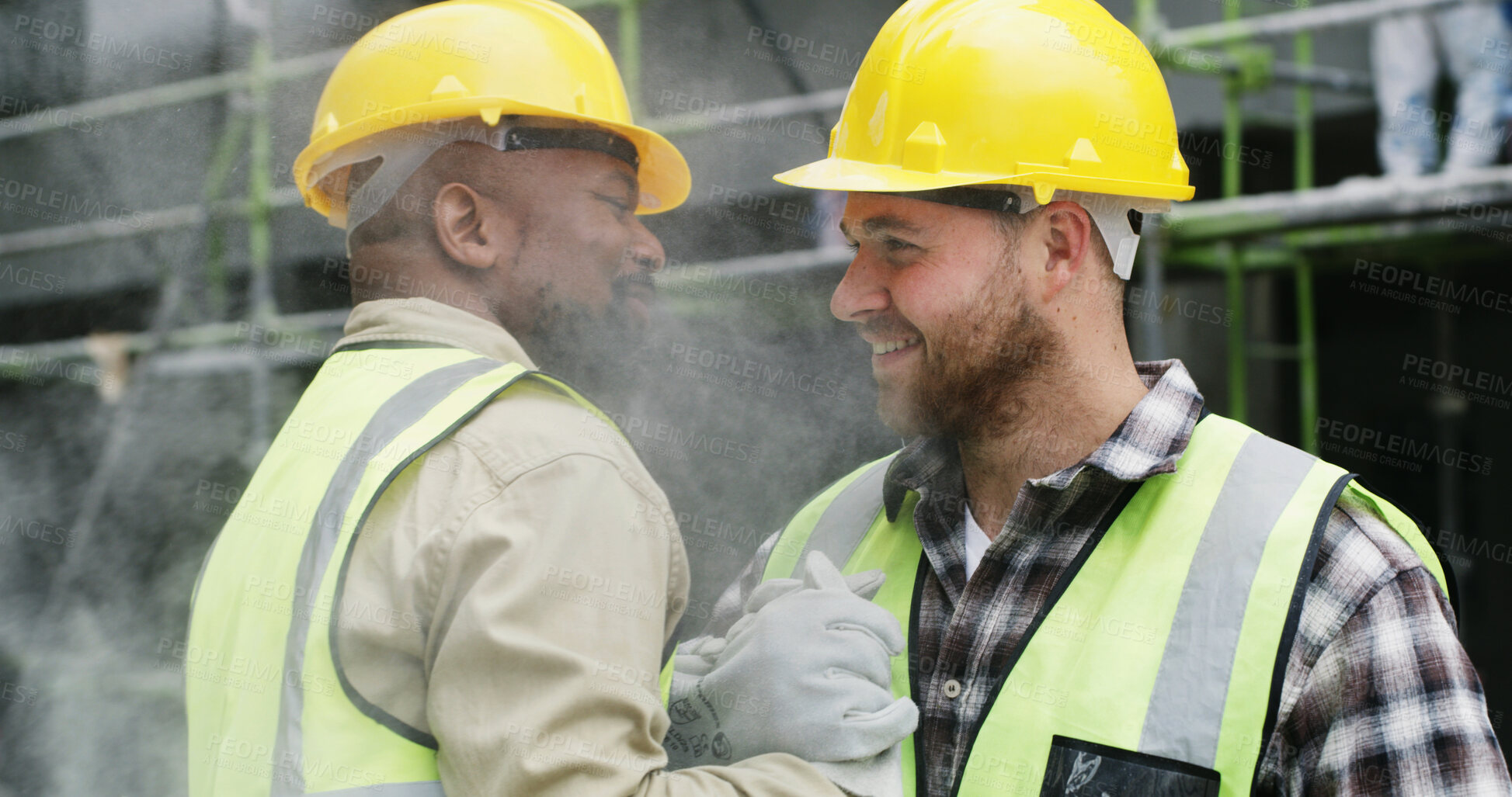 Buy stock photo Smile, people and architect with handshake outdoor for welcome, partnership and construction deal. Happy, men and shaking hands for greeting, renovation proposal and agreement of property development