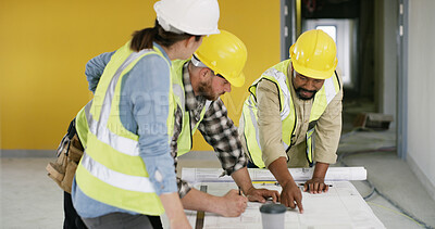 Buy stock photo Discussion, blueprint and group of construction employees on site with collaboration for infrastructure. Meeting, paperwork and team of civil engineers with foreman for planning building maintenance.