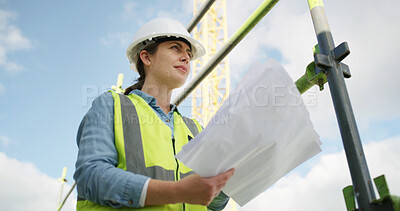 Buy stock photo Architect, outdoor and woman with documents, thinking and property development on construction site. Civil engineer, reflection and person with renovation project, low angle or ideas for architecture