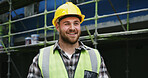 Construction site, thinking and man with safety, smile or maintenance with problem solving. Relax, person or employee with contemplation, urban development or solution with wonder, helmet or choice