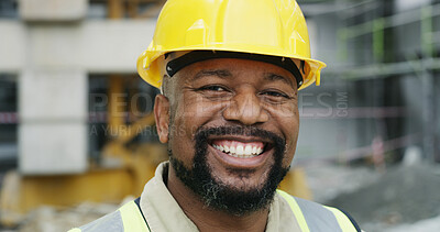 Buy stock photo Smile, black man and portrait of civil manager on site for building, maintenance or repairs. Happy, hardhat and mature African male construction worker with confidence for project development.