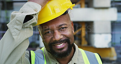 Buy stock photo Construction, happy and portrait of black man with helmet for infrastructure, building project and safety. Civil engineering, outdoor and person with ppe for protection, maintenance and renovation