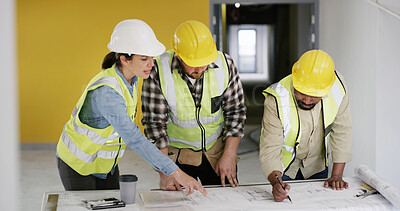 Buy stock photo People, architect and blueprint with team at meeting, writing and point with solution for building. Group, contractor and engineer with floor plan, talk and insight at property development company