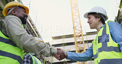 Buy stock photo Outdoor, smile and people shaking hands for construction partnership, introduction and property deal. Greeting, project agreement or staff with handshake for labor contract on site, below or teamwork