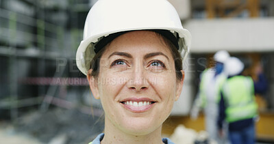 Buy stock photo Thinking, engineer and woman with smile, ideas and property development for construction worker. Female person, inspector and architect with solution, problem solving and planning with vision