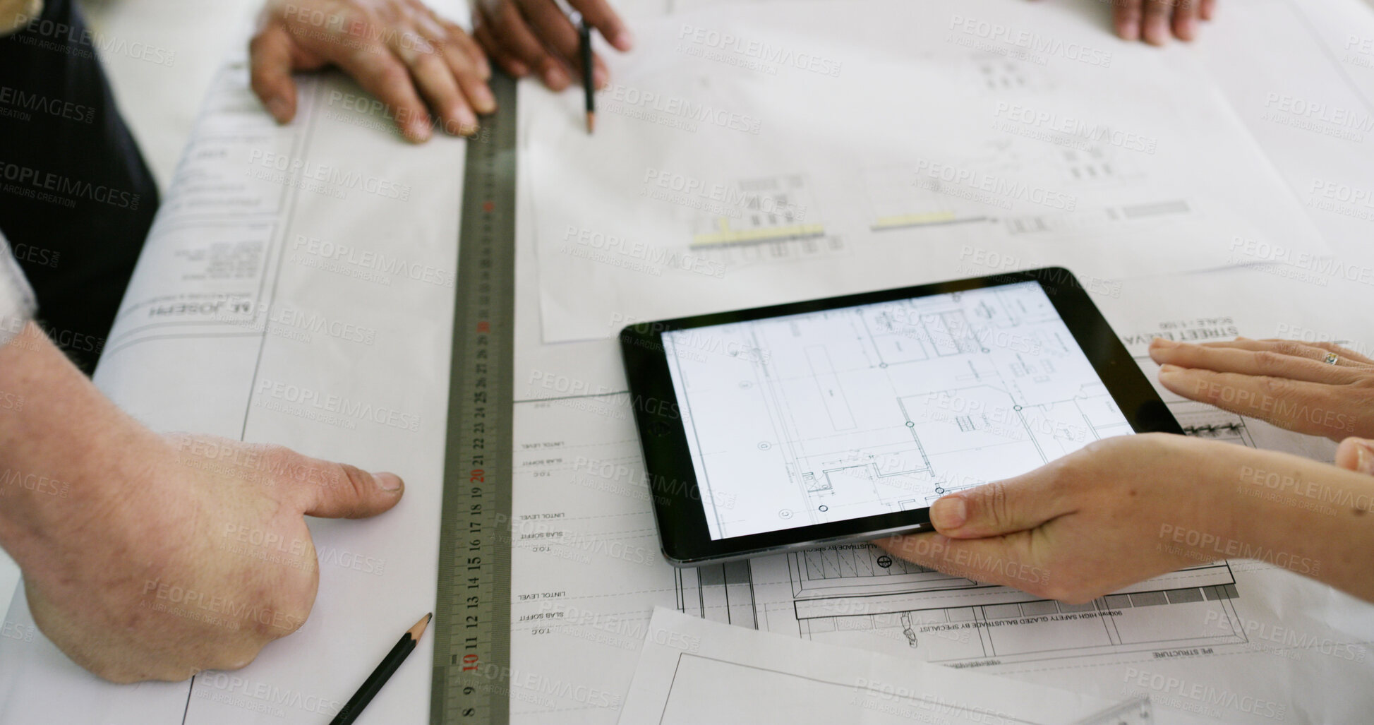 Buy stock photo Architecture, blueprint and hands with tablet screen for building project, renovation design and planning. Tech, people and meeting with document at construction site for floor plan and development