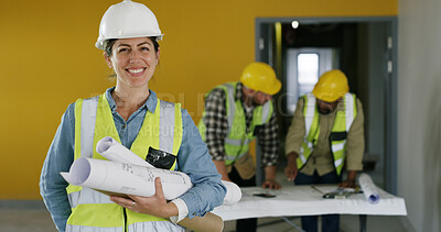 Buy stock photo Portrait, civil engineer and woman with blueprint, happy and confident with documents for renovation. Architecture, floor plan and person with smile for property development, real estate or paperwork