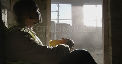 Buy stock photo Construction site, thinking and man with safety, architecture and maintenance with vision for project future. Relax, mature person and employee with urban development, solution and real estate