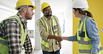 Group, people and architect with handshake for construction, partnership and expansion deal. Happy, man and shaking hands with woman for greeting, renovation and agreement for property development