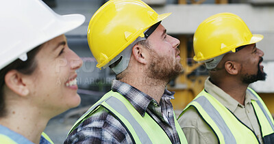 Buy stock photo Construction, thinking and people at site for building project, infrastructure and planning. Civil engineer, contractor team and workers with ppe for architecture, inspection and property development