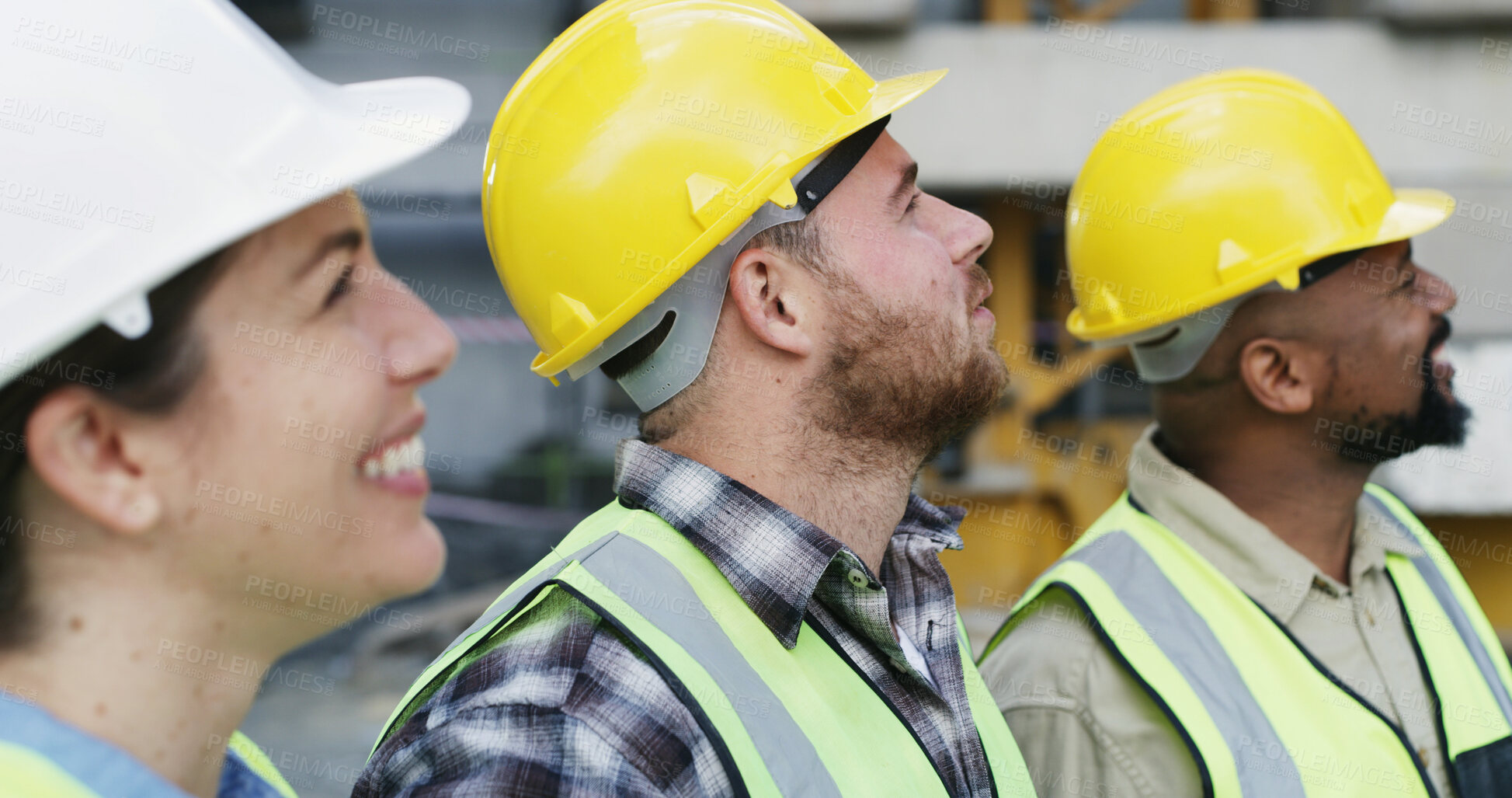 Buy stock photo Construction, thinking and people at site for building project, infrastructure and planning. Civil engineer, contractor team and workers with ppe for architecture, inspection and property development