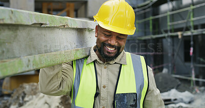 Buy stock photo Carry, construction and man with beam on site for building framework, industrial development or repairs. Labor, mature black person and wood for property expansion, scaffolding or maintenance project