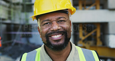 Buy stock photo Construction, city and portrait of black man with helmet for infrastructure, building project and safety. Civil engineering, outdoor and person with ppe for protection, contractor job and renovation