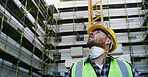 Construction site, looking up and man with inspection, engineering and below with maintenance. Person, architecture project and employee in city, problem solving and helmet for safety and renovation