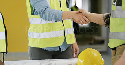 Buy stock photo Architecture, blueprint and shaking hands for renovation project, building design and planning. People, scale and equipment handshake at construction site for floor plan, deal and development process