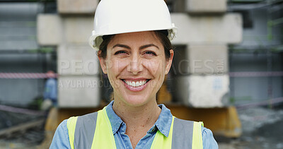 Buy stock photo Construction, portrait or woman on site with smile, career pride and experience in building industry. Happy, ppe or contractor with confidence, about us or profession in infrastructure development.