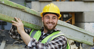 Buy stock photo Carry, construction and man with wood on site for renovation project, building material or repairs. Labor, builder and happy with beam for property upgrade, industrial development and maintenance job