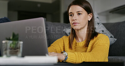 Buy stock photo Remote work, woman and typing on laptop in home for publication, editing article and proofreading. Freelance journalist, person or tech in living room for submission draft, blog post or fact checking
