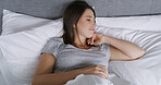 Thinking, woman and relax with smile in bed for vision, peace and calm morning in bedroom. Above, female person and rest on mattress with reflection, wake up and happy memory of weekend break in home