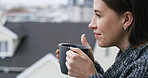 View, thinking or woman with coffee, morning or contemplation with weekend break. Caffeine, thoughtful or person with herbal tea, reflection or wonder with stress relief, banner or espresso in Canada
