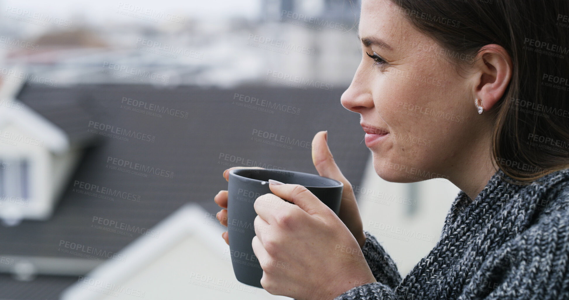 Buy stock photo View, thinking or woman with coffee, morning or contemplation with weekend break. Caffeine, thoughts or person with herbal tea, reflection or wonder with stress relief, outdoor or espresso in Canada