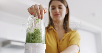 Buy stock photo Hand, woman and blender in home for breakfast drink, healthy diet and fruit smoothie. Person, appliance and technology in kitchen to prepare ingredients, meal prep or nutrition shake for weight loss