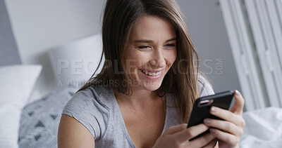 Buy stock photo Happy woman, scroll and typing in house with phone, social media post and dating site notification. Person, smile and browse in home with tech, text message and mobile app for online communication.