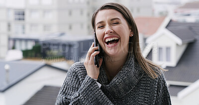 Buy stock photo Woman, student and laugh with phone call outdoor for discussion, study schedule and feedback. Person, mobile app and contact college for enrolment approval, education consultation and admission chat