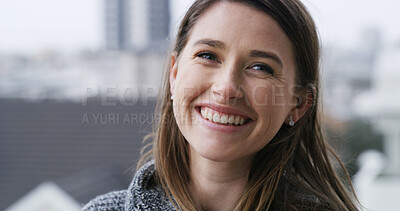 Buy stock photo Happy, portrait and woman outdoor at apartment with relax, peace and calm morning on weekend. Smile, pride and female person with positive attitude for holiday break on balcony at home in London.