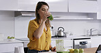 Drink, woman and glass in home for breakfast, healthy diet and green fruit smoothie. Person, blender and technology in kitchen to prepare ingredients, meal prep or nutrition shake for weigh loss