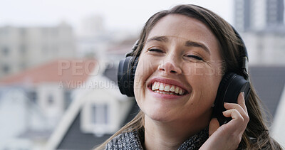 Buy stock photo Headphones, happy and woman on balcony with music for calm, peace and relax in morning on weekend. Audio tech, smile and female person listening to playlist, radio or album online outdoor of home.