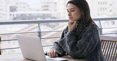Buy stock photo Remote work, woman and thinking with laptop on balcony for story review, editing and proofreading. Freelance editor, person and tech at home for submission decision, fact checking publication or blog