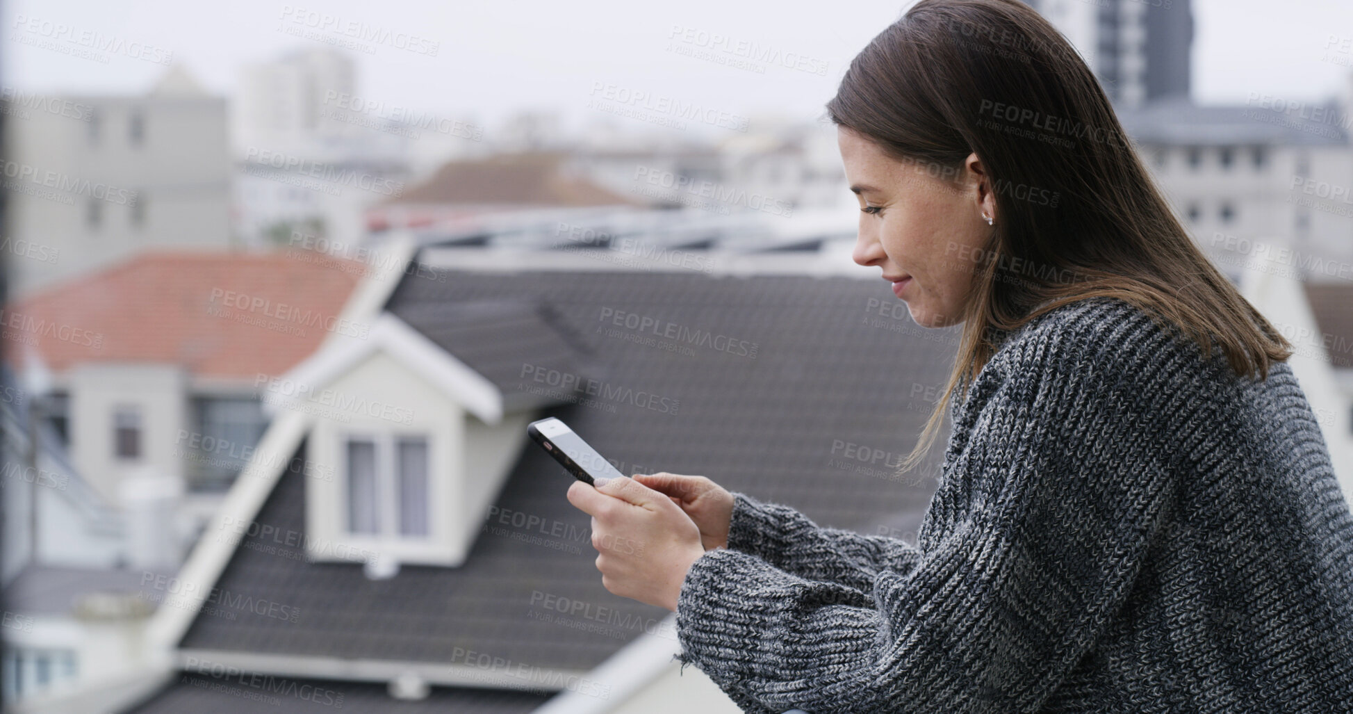 Buy stock photo Home, woman and texting with phone on balcony for communication, mobile chat and notification. Smile, person and relax with smartphone at apartment for internet browsing, social media post and email