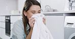 Home, smelling and woman with clean laundry, fresh fabric and fragrance with soft material. Apartment, chores and happy person with housekeeping service, maintenance and washing with linen textile