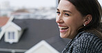 Happy, thinking and woman on balcony at house with reflection, memory or nostalgia outdoor. Smile, laughing and female person on rooftop with decision, choice or ideas for weekend at apartment.