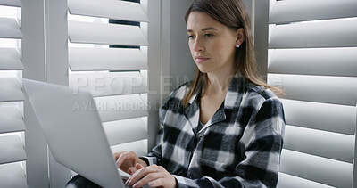 Buy stock photo Laptop, reading and woman in bedroom in home for freelance creative career with remote work. Research, pajamas and female copywriter with computer for article with publishing project in apartment.