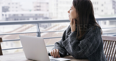 Buy stock photo Woman, journalist or thinking with laptop on balcony for online story, inspiration or article. Female person, freelancer or remote worker contemplating on computer for journalism, research or insight